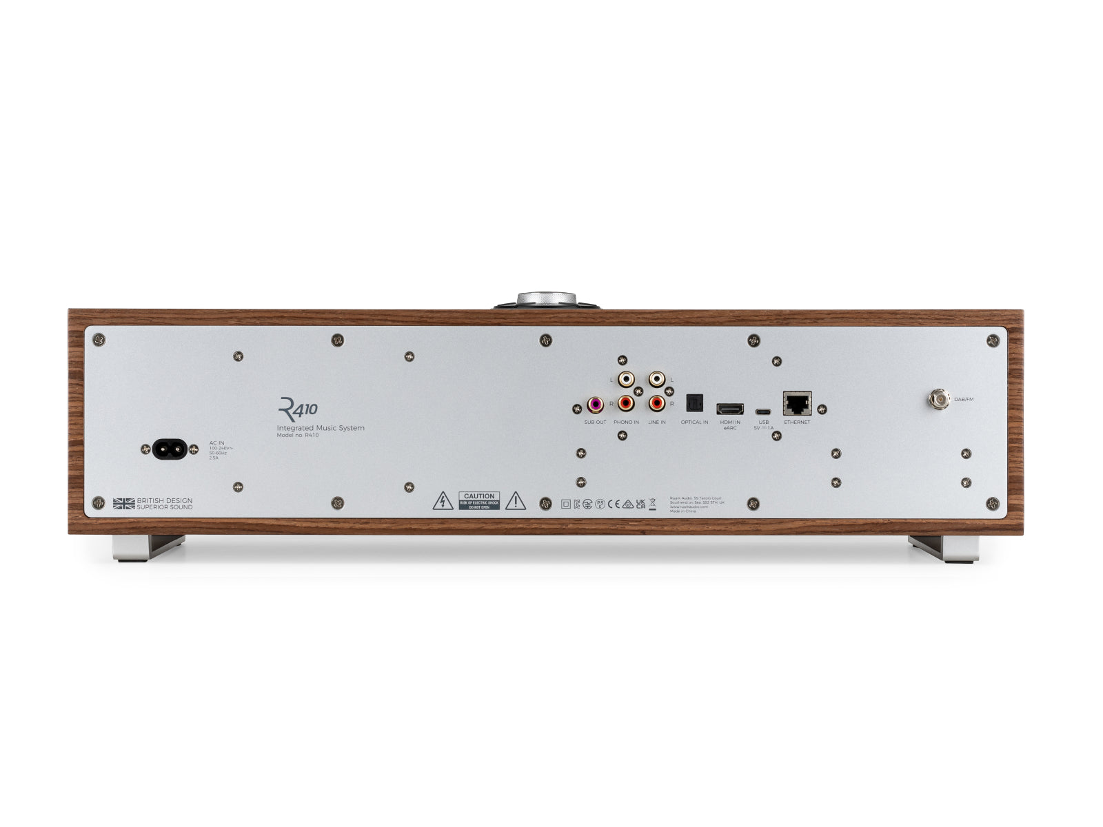 Ruark R410 orzech – tylna część obudowy z widocznymi wejściami i złączami